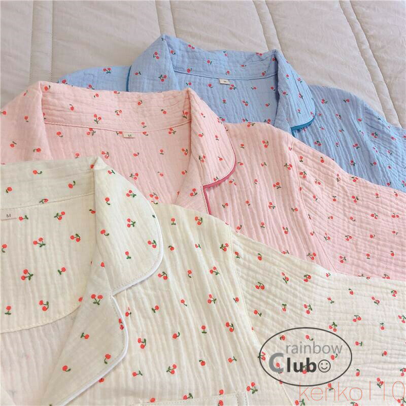 【送料無料】ルームウェア レディース 部屋着 パジャマ 上下セット トップス パンツ個性的 長袖 Vネック 襟付き さくらんぼ 柄 ピンク 青 黄色 M L XL 春 夏 秋 カジュアル