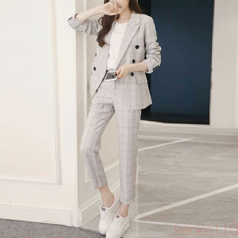 【送料無料】チェック柄クロップドパンツスーツ セットアップ レディース 2点セット 春 秋 上下セット ツーピース スーツ パンツスーツ チェック柄 テーラードジャケット ク