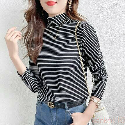 Garments - 【送料無料】トップス ニットソー 長袖 ハーフタートルネック 細身 7分袖 ボーダー個性的 レディース 着回し 大人可愛い きれいめ シンプル お洒落 こなれ感 ラフ スポーティ