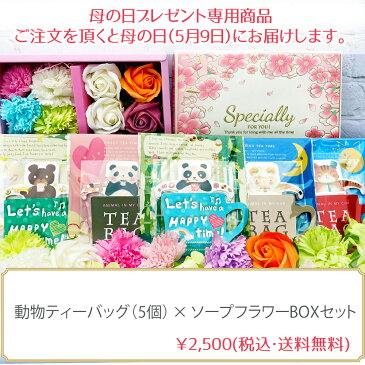 送料無料 母の日 早割 プレゼント母の日ギフト　ギフト 陶和　TEA BAG カップティーバッグ (5包) かわいい動物 ティーバッグxソープフラワーBOXセット 母の日 カーネーション バラ 花束 薔薇 母の日 石鹸素材 枯れないお花 送料無料