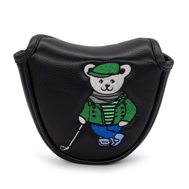 BARAN GOLF ゴルフパターカバー ブレードパターカバー ゴルフクラブヘッドカバー PU レザー製 おしゃれ クマ刺繍 ブラック マグネット付き 全ブランド適合
