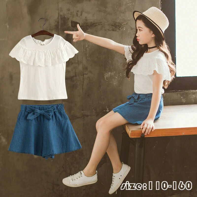 韓国子供服 女の子 夏 セットアップ キュロット 白Tシャツ カジュアル ナチュラル ジーンズ デニム半ズボン ワイドパンツ 半袖 ゆったり
