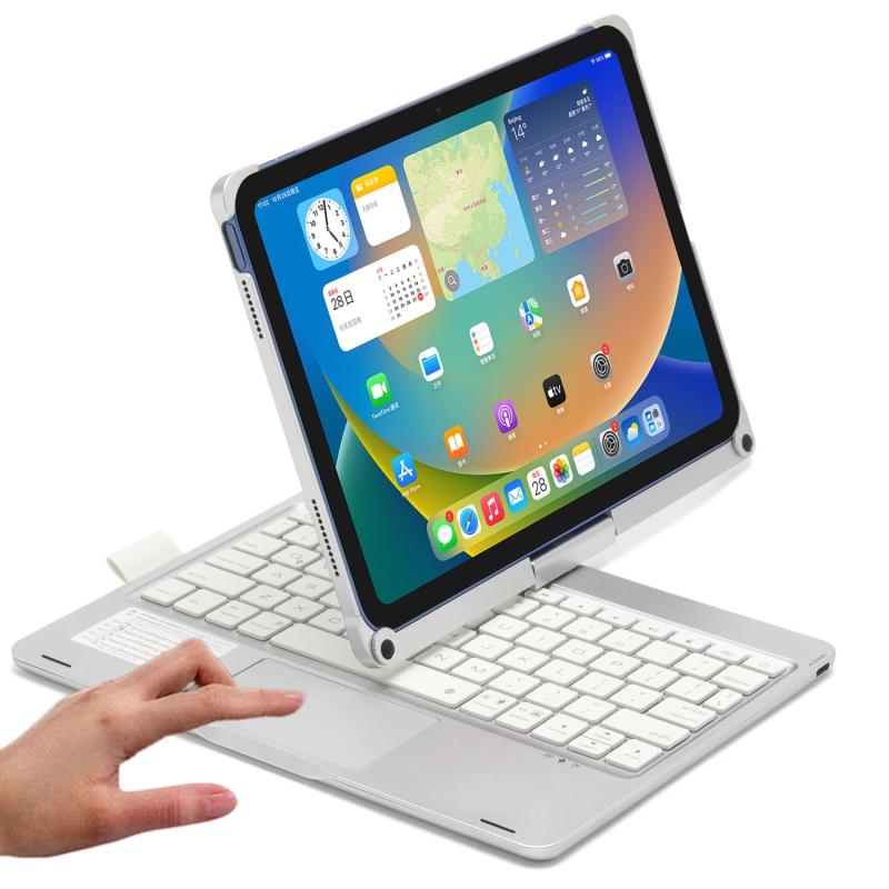 アリエル ストアの360度回転式iPad キーボード ケース iPad ケース キーボード付き タッチパッド ペンシル収納 ワイヤレスbluetoothキーボード アルミ Apple Pencil収納付 7色バックライトキーボード｜アングル3