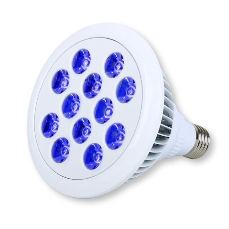 LED 電球 スポットライト 24W（2W×12灯） 水槽 照明 E26 電気 サンゴ 熱帯魚 観賞魚 植物育成商品仕様サイズ：直径120mm×長さ138mm 口金サイズ：E26 照射角：90度 適応電圧：85V-265V 50/60z 消費電力：24W 本体素材：アルミ水槽用LEDライト青く美しい光が水槽内の魚やサンゴを幻想的に照らします。サンゴ育成を助ける効果もあるので鑑賞性も向上します。高輝度LED従来の蛍光管と比較して、長くお使いいただけて、消費電力も低いです。優れた放熱効果熱放射量が低く、照射による水温上昇が軽減できます。大切な魚やサンゴを熱から守ります。ご注意本製品は防水仕様ではので、水面から一定距離を取って設置してください。また水中での使用は出来ません。一定温度に達すると、LED素子の焼き付き防止のため、点滅し放熱を行う仕様です。