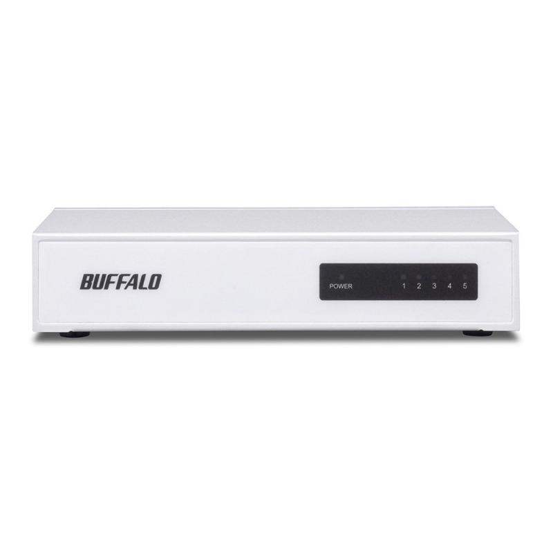 BUFFALO 10/100Mbps対応 金属筺体 電源内蔵 5ポート ホワイト スイッチングハブ LSW4-TX-5NS/WD準拠規格:IEEE802.3u (100BE-TX)、IEEE802.3 (10BE-T)伝送速度:100Mbps (100BE-TX)、10Mbps (10BE-T)データ転送方式:ストア&amp;フォワードバッファ容量:96KBアクセス方式:CSMA/CDアドレステーブル:2048(セルフラーニング)ポート数:5ポート伝送距離:最大100mコネクター形状:RJ-45型8極コネクター(非シールドタイプ)スイッチング・ファブリック:1.0Gbps電源:100V 50/60z最大消費電力:1.4W外形寸法(幅×奥行×高さ):143×86×29mm本体のみ(突起部除く)質量:330g本体のみ動作環境:温度0～40℃、湿度 10～85%結露なきこと取得規格:VCCI classB1年間主な付属品:ACケーブル、マグネット、ゴム足、取扱説明書