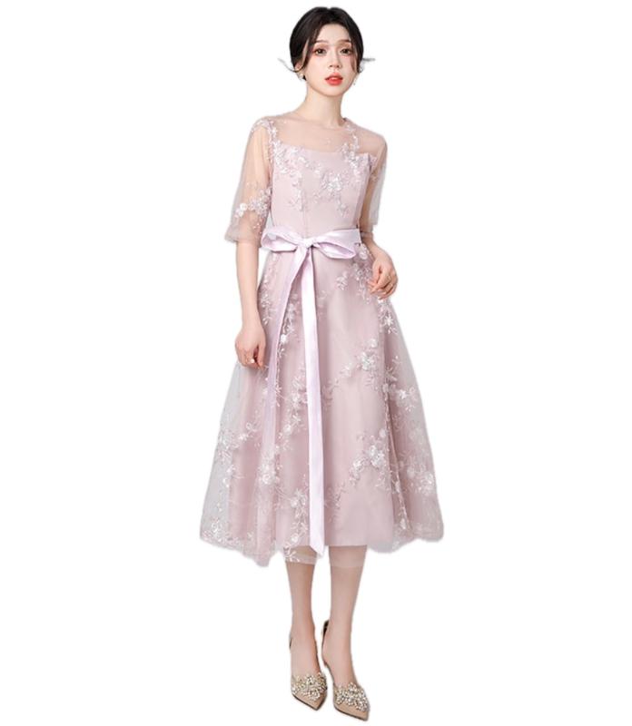 乐天商城 - [EightSTAR Dress] 結婚式ドレス レディース Aライン パーティードレス 袖あり お呼ばれ 膝丈 ワンピース ゲスト 二次会 レース 刺繍 シースルー リボン 20代 30代
