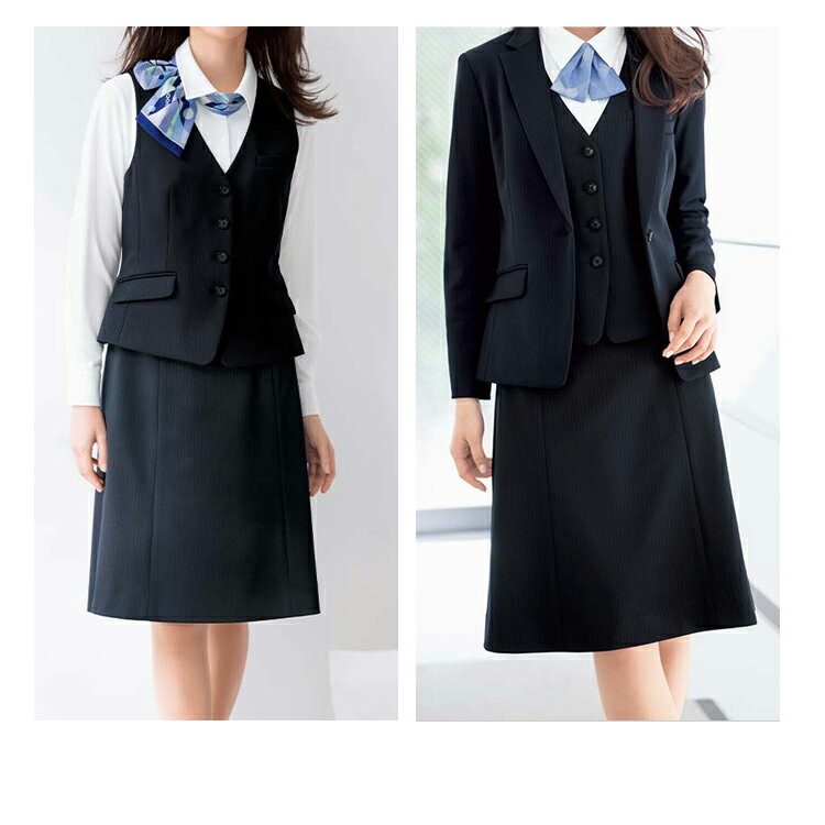 レディース 事務服 ニット Aラインスカート 56センチ丈 オールシーズン 定番 紺 ネイビー オフィス ストライプ 制服 通勤 ボンオフィス AS2341 高品質 定番 ノーマル レディス ホームクリーニング 送料無料 サイズ豊富 BONOFFICE ウエストゴム セットアップ可能