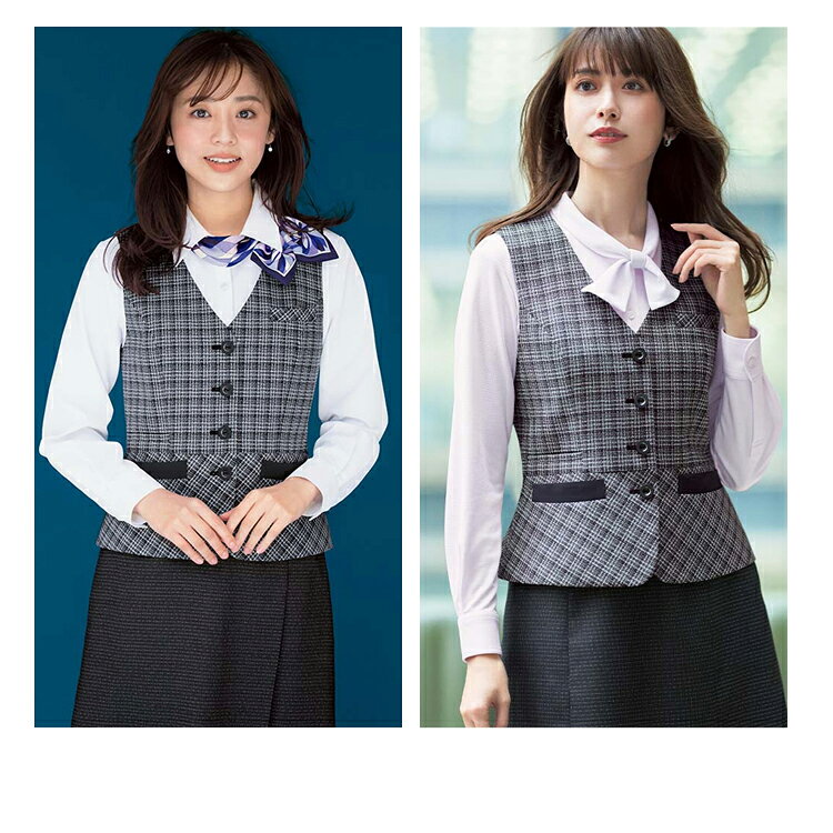 uni-queのボンオフィス レディース 事務服 ベスト モノトーン チェック オールシーズン 定番 ツイード ストレッチ トラッド 黒 オフィス 接客 制服 AV1288 通勤 ボンオフィス 高品質 抗菌 防臭 ノーマル レディス ホームクリーニング 送料無料 サイズ豊富 BONOFFICE｜アングル2