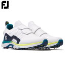 ●商品発送についてFootJoy フットジョイ メンズ ハイパーフレックス コア ボア ソフトスパイク ゴルフシューズ 51076 ホワイト/ネイビー　2023年モデル 戦う為に“進化”した、NEW HYPERFLEX CORE BOA登場。 ツアーレベルにまで“進化”した安定性と快適性がゴルフを変える。 デザインを一新した先進的ツアーゴルフスパイク『NEW HYPERFLEX CORE BOA』登場 。 ・究極のホールド性を求めて開発し、初搭載した新DUAL WRAPID BOAシステム DUAL WRAPID BOAシステムをFootJoy史上初採用。 従来のWRAPID BOAシステムは1枚のラップにより甲を大きく覆っており、全体のフィット感の向上を主目的としていたが、 今回のDUAL WRAPID BOAシステムは2枚のWRAPIDを搭載することにより、それぞれのWRPAIDとBoa Laceが連動し、 足の形にフィットするように、足の形に添うようにより細かく締まり、スイング時にゆるみやすい中足部〜前足部のフィット性を格段に向上。 これによりシューズと足のフィット性を向上し、シューズ全体の安定性能と快適性能も向上。 ・快適性を損なわず、ツアーレベルの安定性を突き詰めた新アッパー「インテリシールドアッパー」 エンジニアードニットアッパーに繊維状の極薄PUコーティングをすることにより、ニットが必要以上に伸びることを抑え、人工皮革と同等のツアーレベルの安定性を実現。 しかも優れた防水性と透湿性を両立させ、 水を通さず、空気のみを通し、シューズ内環境で優れた快適性を提供します。 また足に直接あたる部分はエンジニアードニットになることから、人工皮革に比べ格段に足に吸い付くような高いフィット感を実現。 ・2つの異なるミッドソールが快適性と安定性の両立を高次元で実現した”STRATFORM” in FTF3層構造 ProSL・Tour Alphaなどツアーレベルシューズに搭載されている”STRATFORM”in FTF3層構造をHYPERFLEXに初搭載。 足の直下には驚異的なクッション性と反発性に優れた「STRATOFORM」。 地面の直上には剛性がありコントロール性に特化したゴルフ専用ミッドソール「FTF＋ミッドソール」。 2つを重ねただけではなく、クッション性がさらに必要な箇所はSTRATOFORMをアウトソールにまで貫通させるなど、 独自の最適配置をした『STRATFORM in FTF3層構造ミッドソール』を完成させました。 様々な環境下での長時間のプレーにおいても、比類ない快適性と安定性を実現。 ・DUAL WRAPID BOAシステムと連動したTPUサドルにより高次元なフィット性と安定性を実現 シューズの外側にあるTPUサドルがDUAL WRAPID BOAシステムと連結することにより、 スイング時に身体全体の過度な体重移動を防ぎ、ツアーレベルの強力なスイングでも、 下半身のコントロール性をしっかりとサポートし、フィットします。 ・快適性と安定性を両立する『OPTIFLEXアウトソール』 アウトソールに双方向から刻まれた溝が足裏の動き（屈曲）を正確に再現。 また溝の延長上に配置したスパイクは屈曲した状態においても地面を正確にグリップし、抜群の安定感を実現。 ・フィット性を格段に上げる3Dクッションカラー構造を採用 履き口〜甲にかけて立体的に成形された足首周りに沿う3Dクッションカラーを採用し、足首・くるぶしを包み込むようにサポート。 さらにその3Dクッションが足の甲の部分まで配置することにより、外側のDUAL WRAPID BOAでホールドした力を、内側の3Dクッションに伝達し、 優しく、且つしっかりと足をホールドし、常に優れた足入れとフィット感をキープします。 素材 防水合成繊維 取り扱いサイズ 25.0〜27.5cm ウィズ WIDE 発売 2023年8月 商品在庫につきまして 在庫管理システム連動により、当店が運営する複数ショッピングサイトと共有の設定になっております。 数分間隔での在庫情報更新になりますのでご注文のタイミングによりましては、設定に誤差が生じる場合があります。 その際にはご案内をさせて頂きますので予めご了承願います。