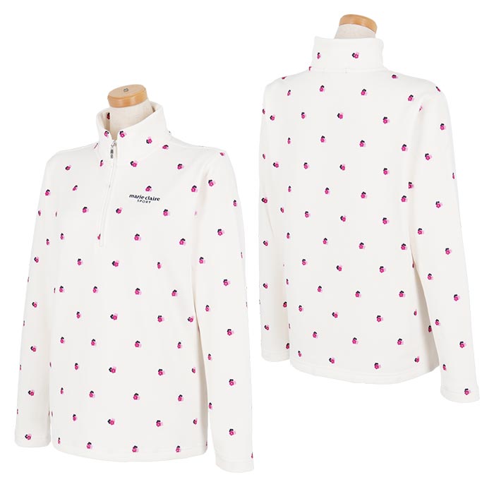 マリクレール レディース 小花柄 飛び柄刺繍 UVカット 裏起毛 長袖 ハーフジップシャツ 733-502 ゴルフウェア [秋冬モデル 50％OFF] 特価