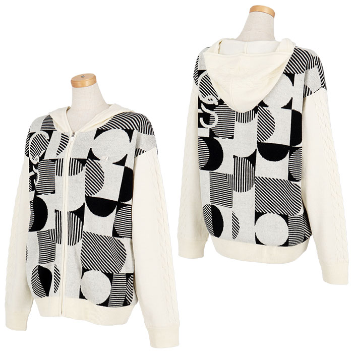 【ブラックフライデー♪クーポンで全品10％割引＋最大P10倍！】11/26まで　ルコック レディース 幾何学柄 ジャガード 防風裏地付き 長袖 フルジップ フーディー ニット ブルゾン LG4FST30L ゴルフウェア [2024年秋冬モデル 50％OFF] 特価