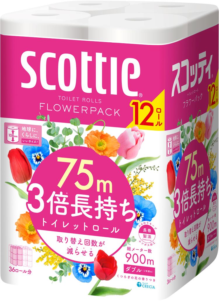 スコッティ フラワーパック 3倍長持ち トイレット12ロール 75mダブル 12ロールで36ロール分 スコッティ SCOTTIE トイレットペーパー トイレットロール 3倍長持ち 3倍巻 長巻 ダブル 12ロール 75メートル 日本製紙クレシア 【D】