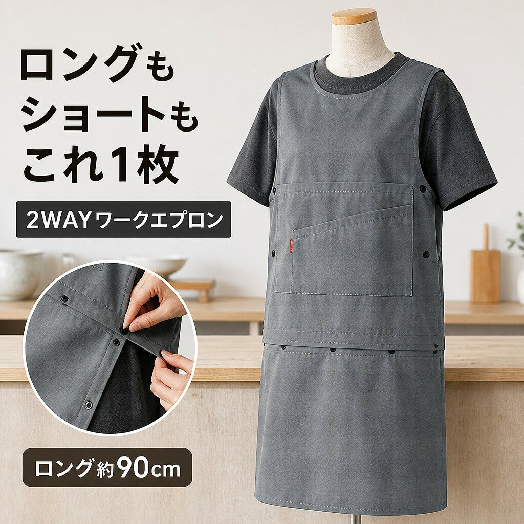 商品説明下部パネルを着脱し、ロング丈とショート丈を切り替えられる男女兼用の帆布ワークエプロンです。前後を覆うベスト型で、カフェや理美容、アトリエなど幅広い作業に使えます。長短を切り替える2WAY設計腰まわりのスナップボタンで下部パネルを着脱でき、約90cmのロング丈と約60cmのショート丈を作業内容に合わせて使い分けられます。腰幅を多段階に調整両脇のスナップボタン位置を選び、着用する人や重ね着に合わせてフィット感を調整できます。作業小物を入れやすい前ポケット前面の大きなポケットは中央で分かれ、スマートフォンやメモ、作業小物を収納できます。水滴をはじく帆布生地やわらかくわずかに伸縮する帆布生地を使用。表面は水滴をはじき、洗濯機で洗えるため日常の作業着として扱いやすい仕様です。商品仕様【素材】帆布・キャンバス【サイズ】全長約90cm、ショート時丈約60cm、幅約62cm【仕様】下部パネル着脱式、前ポケット、両脇多段階スナップボタン【対象】男女兼用注意事項手作業での採寸のため、多少の誤差が生じる場合があります。縫製品のため、糸端や縫い目に個体差が見られる場合があります。ご購入の前に・商品画像は撮影環境やお使いの画面設定により、実物と色味が異なって見える場合があります。・サイズ、仕様、セット内容をご確認のうえ、ご注文ください。・ご注文内容の変更やキャンセルの条件は、ショップのお買い物ガイドをご確認ください。返品・交換について・商品に不具合がある場合や、ご注文内容と異なる商品が届いた場合は、商品到着後にショップまでご連絡ください。・返品・交換の条件、期限および手続きは、ショップの返品・交換案内をご確認ください。
