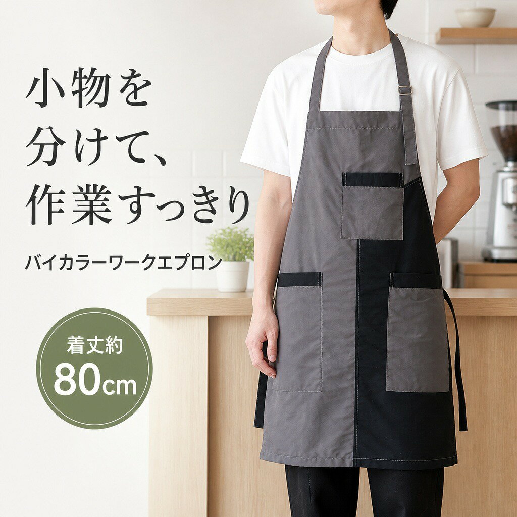 商品説明カフェ、キッチン、サロンなど幅広い作業に使える、灰黒バイカラーの男女兼用ロングエプロンです。胸元と腰まわりに小物を分けて収納できるポケットを備え、首ひもと腰ひもで着用感を整えられます。作業小物を分けられる3つのポケット胸元に1つ、腰まわりに2つのポケットを配置。スマートフォンやメモ、タオルなど、よく使う小物を用途別に整理しやすい設計です。首ひもの長さをバックルで調節首ひもはバックルで長さを調節でき、腰ひもを結んで着用感を整えられます。グレーを基調にブラックの切り替えを加えた、作業場になじみやすいデザインです。胸元からひざ付近まで覆うロング丈平置き採寸は約 丈80～82cm×裾幅61～63cm。胸元からひざ付近まで広く覆いやすく、男女問わず作業着に合わせられるフリーサイズです。日常のお手入れに配慮毛やほこりが付きにくく、洗った後に乾きやすいとされる生地を使用。店舗や家庭で繰り返し使う作業用エプロンに適しています。商品仕様【サイズ】フリーサイズ（約 丈80～82cm×裾幅61～63cm）【仕様】首ひも調節バックル、腰ひも、胸ポケット、腰ポケット2つ【カラー】グレー×ブラック【対象】男女兼用【内容】掛けひも式ロングエプロン1着注意事項手作業での採寸のため、多少の誤差が生じる場合があります。縫製品のため、縫い目や生地の風合いには個体差があります。画像内のスマートフォン、調理器具などの小物は付属しません。洗濯時は商品表示を確認し、色移りを避けるため他の衣類と分けてください。ご購入の前に・商品画像は撮影環境やお使いの画面設定により、実物と色味が異なって見える場合があります。・サイズ、仕様、セット内容をご確認のうえ、ご注文ください。・ご注文内容の変更やキャンセルの条件は、ショップのお買い物ガイドをご確認ください。返品・交換について・商品に不具合がある場合や、ご注文内容と異なる商品が届いた場合は、商品到着後にショップまでご連絡ください。・返品・交換の条件、期限および手続きは、ショップの返品・交換案内をご確認ください。