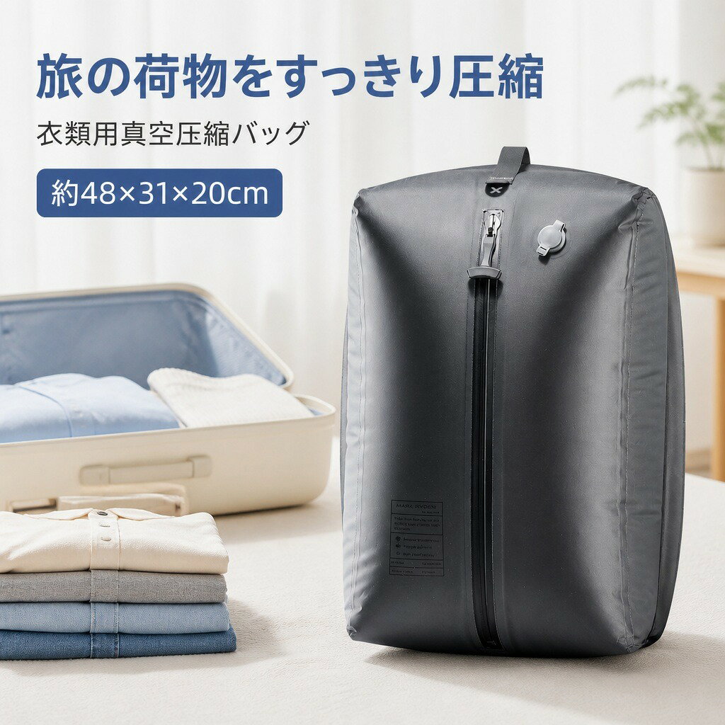 衣類圧縮バッグ 真空圧縮袋 旅行用 圧縮ポーチ 大容量 20～35L 70Dナイロン TPU 気密ファスナー 48×31×20cm グレー 軽量 折りたたみ 手提げ 収納袋 出張 スーツケース パッキング 収納ケース 衣類整理 クローゼット 衣替え 電動ポンプ付き選択可