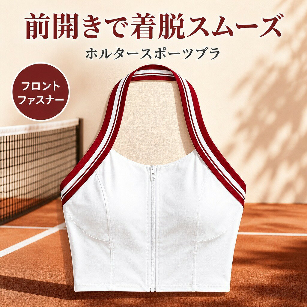 商品説明フロントファスナーとホルターネックを備えた、レディース用のクロップド丈スポーツブラです。テニス、バドミントン、ランニングなどの運動時に着用できます。前開きデザインフロント中央のファスナー仕様で、首元はホルターネック。身体に沿うすっきりとしたシルエットです。動きやすいストレッチ素材ナイロンとポリウレタンを組み合わせた伸縮性のある生地で、腕を動かすスポーツシーンにも適しています。商品仕様【素材】ナイロン78.8%、ポリウレタン21.2%【セット内容】スポーツブラ1点（スカートは付属しません）サイズガイドメーカー表記S：身長目安 158〜163 cm／体重目安 45〜50 kg／着丈 25 cm／裾ゴム周り 62 cm／商品バスト 68 cm／裾周り 58 cmメーカー表記M：身長目安 164〜167 cm／体重目安 51〜55 kg／着丈 26 cm／裾ゴム周り 66 cm／商品バスト 72 cm／裾周り 62 cmメーカー表記L：身長目安 168〜171 cm／体重目安 56〜60 kg／着丈 27 cm／裾ゴム周り 70 cm／商品バスト 76 cm／裾周り 66 cmメーカー表記XL：身長目安 172〜175 cm／体重目安 61〜65 kg／着丈 28 cm／裾ゴム周り 74 cm／商品バスト 80 cm／裾周り 70 cm注意事項手作業による採寸のため、商品実寸には1～2cm程度の誤差が生じる場合があります。ご購入の前に・商品画像は撮影環境やお使いの画面設定により、実物と色味が異なって見える場合があります。・サイズ、仕様、セット内容をご確認のうえ、ご注文ください。・ご注文内容の変更やキャンセルの条件は、ショップのお買い物ガイドをご確認ください。返品・交換について・商品に不具合がある場合や、ご注文内容と異なる商品が届いた場合は、商品到着後にショップまでご連絡ください。・返品・交換の条件、期限および手続きは、ショップの返品・交換案内をご確認ください。