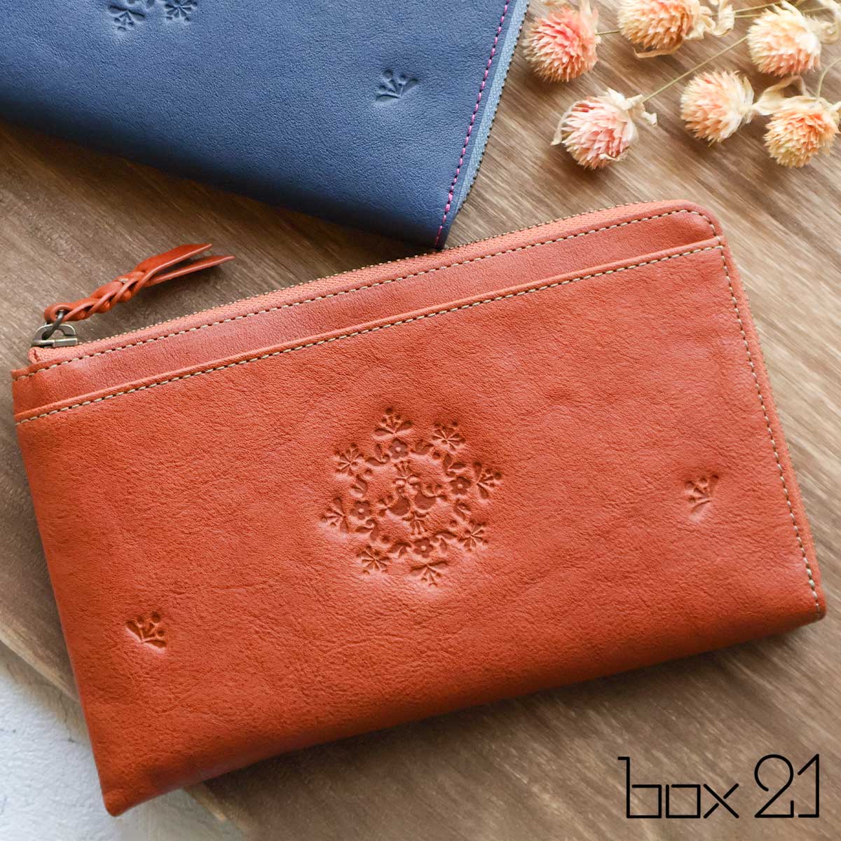 Rakuten - L字ファスナー マルチ財布 マルチウォレット 通帳ケース お花 小鳥 box21 ボックス21 レフティア 牛革 型押し 0332464レディース 本革 ギフト プレゼント【メッセージカード・ラッピング無料】
