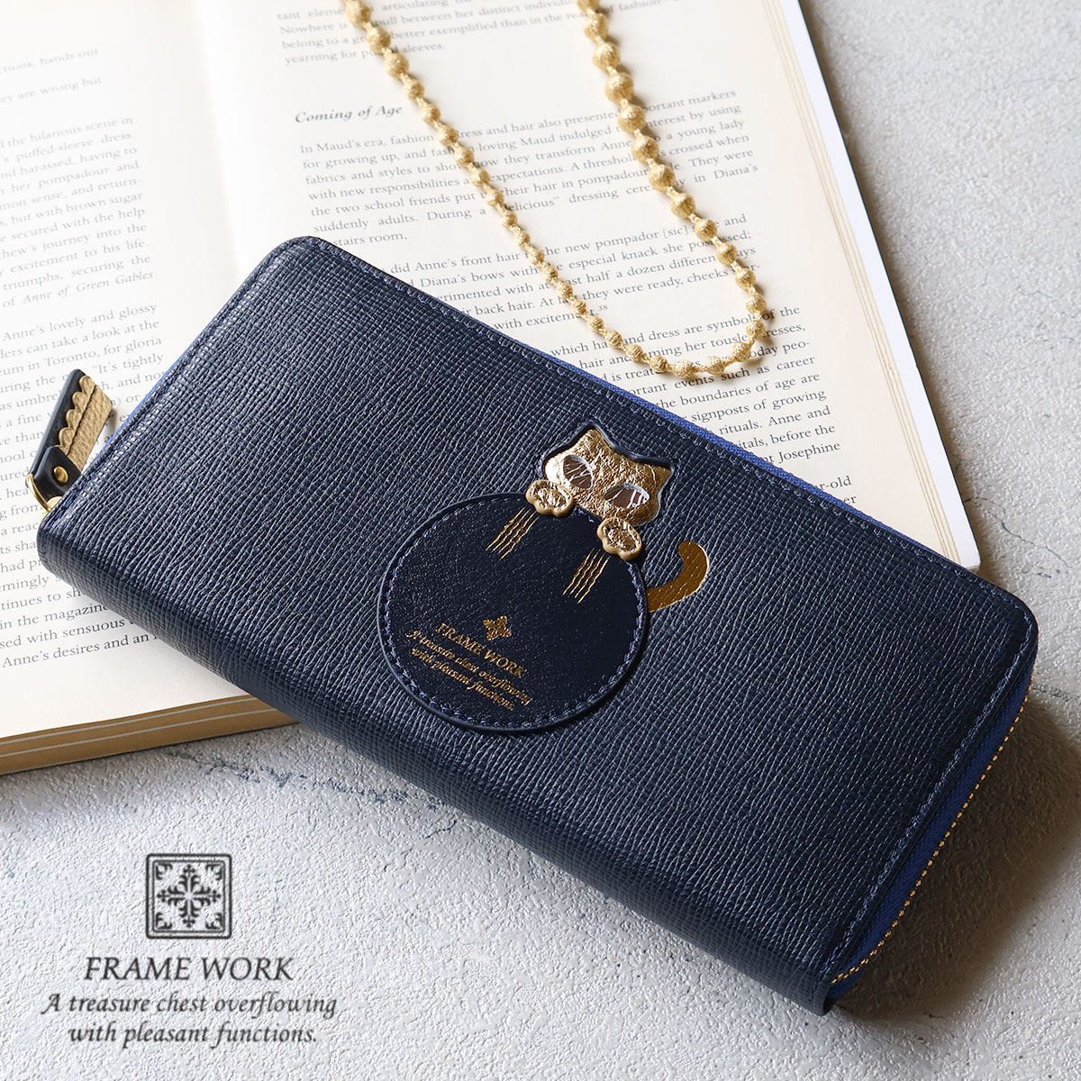 【選べるノベルティ】FRAME WORK フレームワーク ラウンドファスナー長財布 ネコ 猫 Cat 箔加工 キラキラ FRAME WORK フレームワーク キトン ルタン 牛革 ドット 水玉 かわいい プレゼント ギフト 0046132