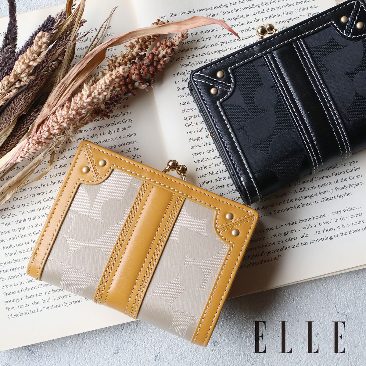 Rakuten - ＼母の日に／二つ折り財布 がま口小銭入れ レディース ELLE エル シェリール3 5430201ポリエステルナイロン×牛革 本革 ギフト プレゼント【メッセージカード・ラッピング無料】