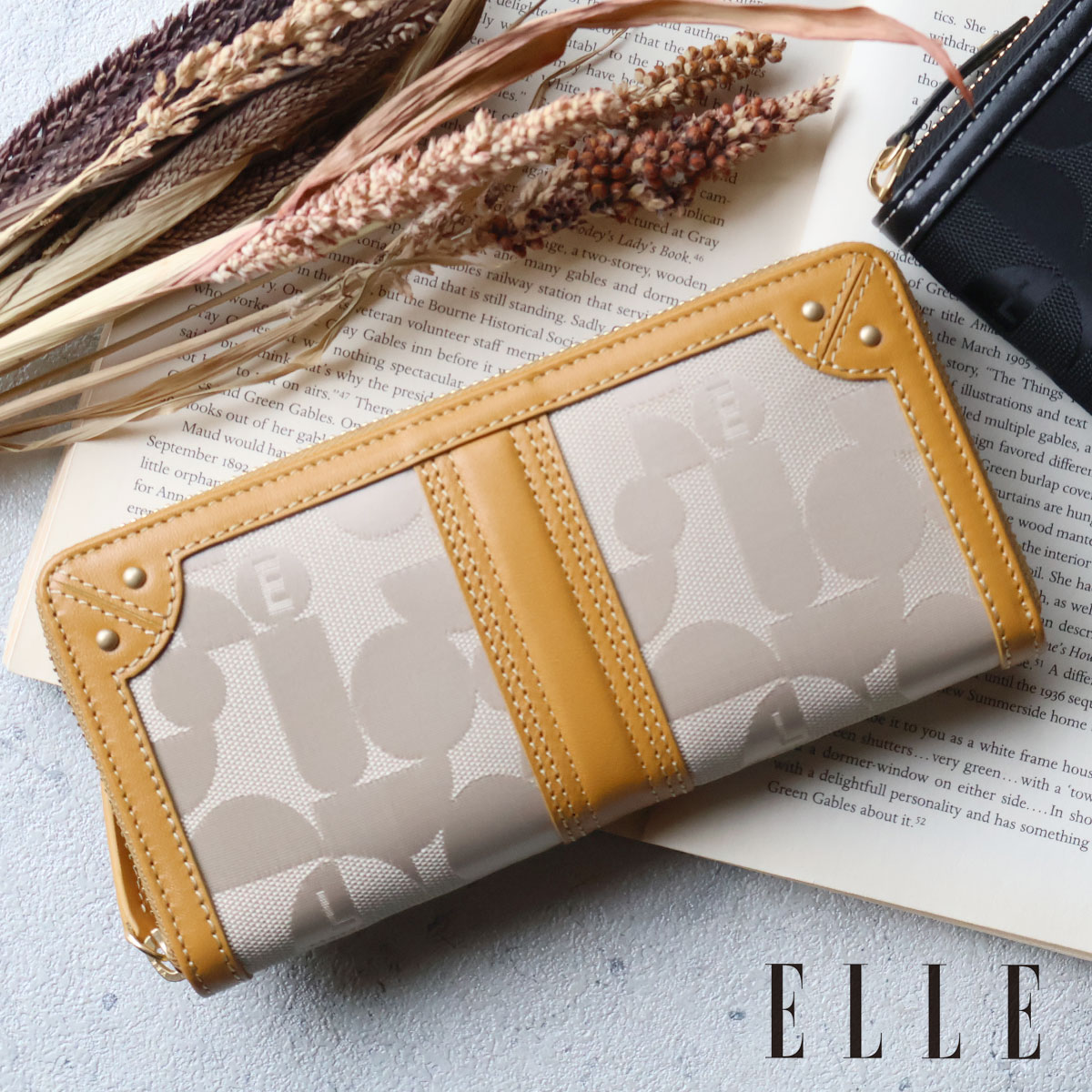 Rakuten - ＼母の日に／新型 ラウンドファスナー長財布 レディース ELLE エル シェリール3 5430218ポリエステルナイロン×牛革 本革 ギフト プレゼント【メッセージカード・ラッピング無料】