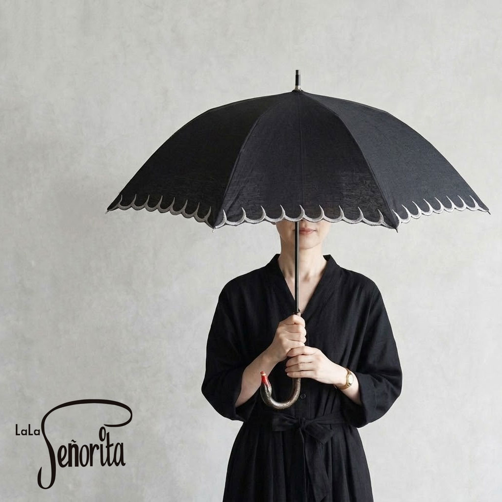 乐天商城 - スワンの晴雨兼用パラソル 長傘 雨傘 日傘 黒鳥 LaLa Senorita / ララ セニョリータ 50cm umbrella コットンリネン パラソル 持ち手クスノキ UVケア加工 SNP-S2403