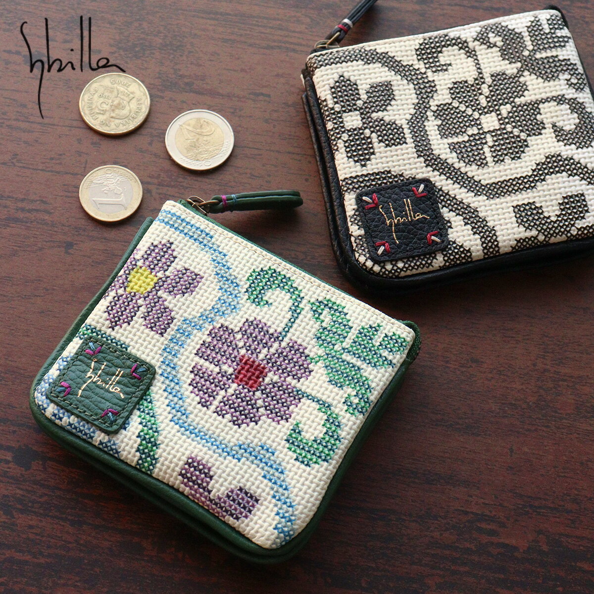 ミニ財布 フラグメントケース 刺繍風 プリント 牛革 sybilla シビラ フガール 547056