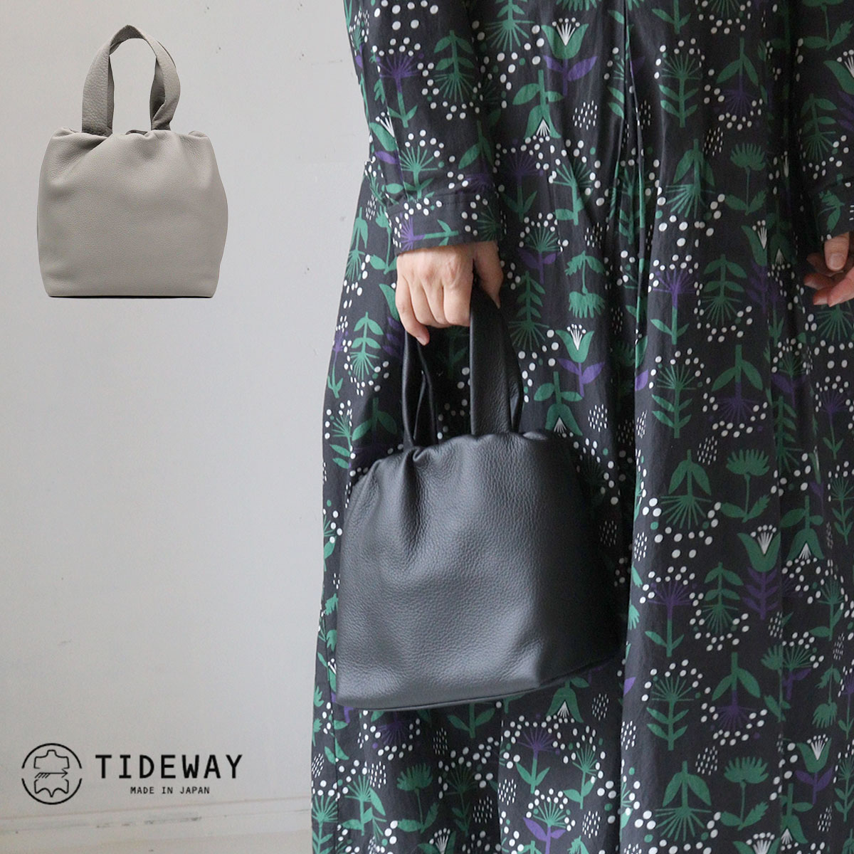 ミニトートバッグ ハンドバッグ 巾着 TIDEWAY タイドウェイ PUF ELASTIC TOTE 日本製 グローブレザー ..