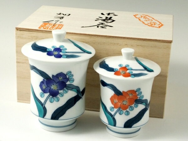 有田焼 伊万里大川内山 畑萬作 色鍋島露草 蓋付組湯呑 (夫婦湯呑)