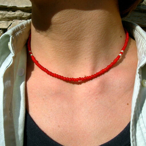 ネックレス 極小 赤ビーズ ネックレス （ 42cm ） 素材: SV925