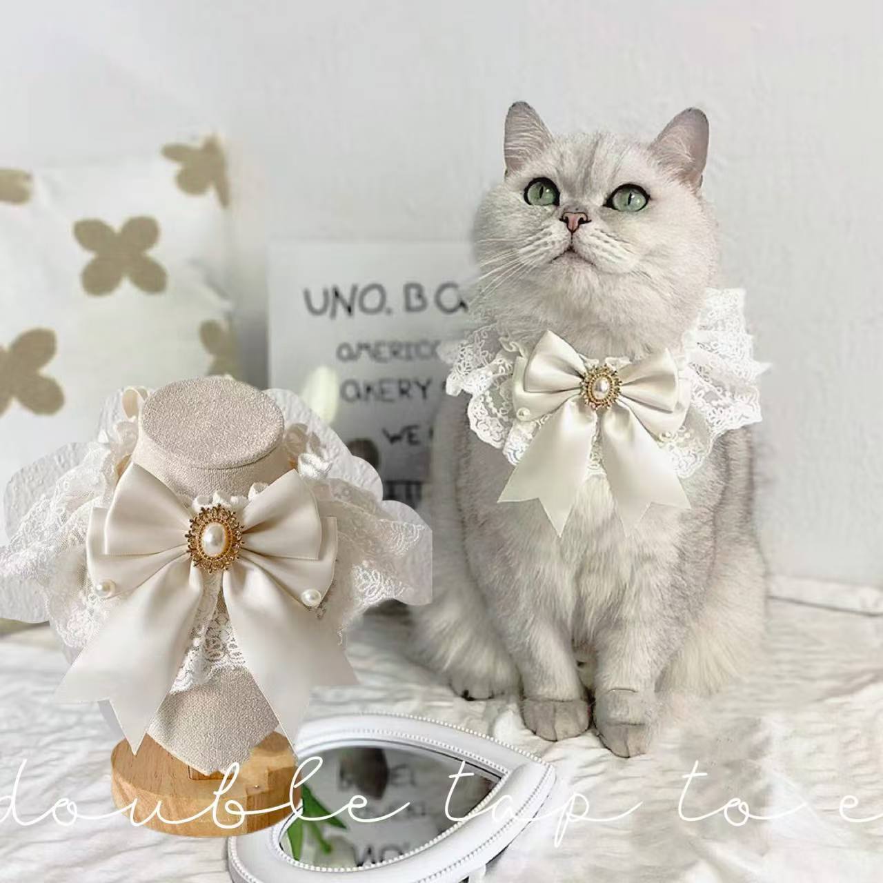 ペット用チョーカー ネックレス 猫 ねこ 小型犬 いぬ アクセサリー 首飾り 紐 レース 蝶ネクタイ フェイクパール リボン 上品 エレガント かわい