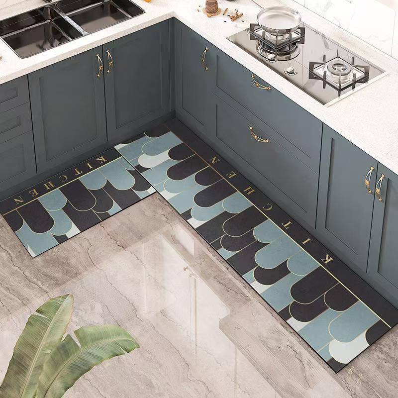 Rakuten - キッチンマット 台所マット珪藻土 水切りマット はっ水加工 北欧 おしゃれ モダン リーフ柄 ロング 防水 防汚 滑り止め お手入れ簡単 クッション性 低反発
