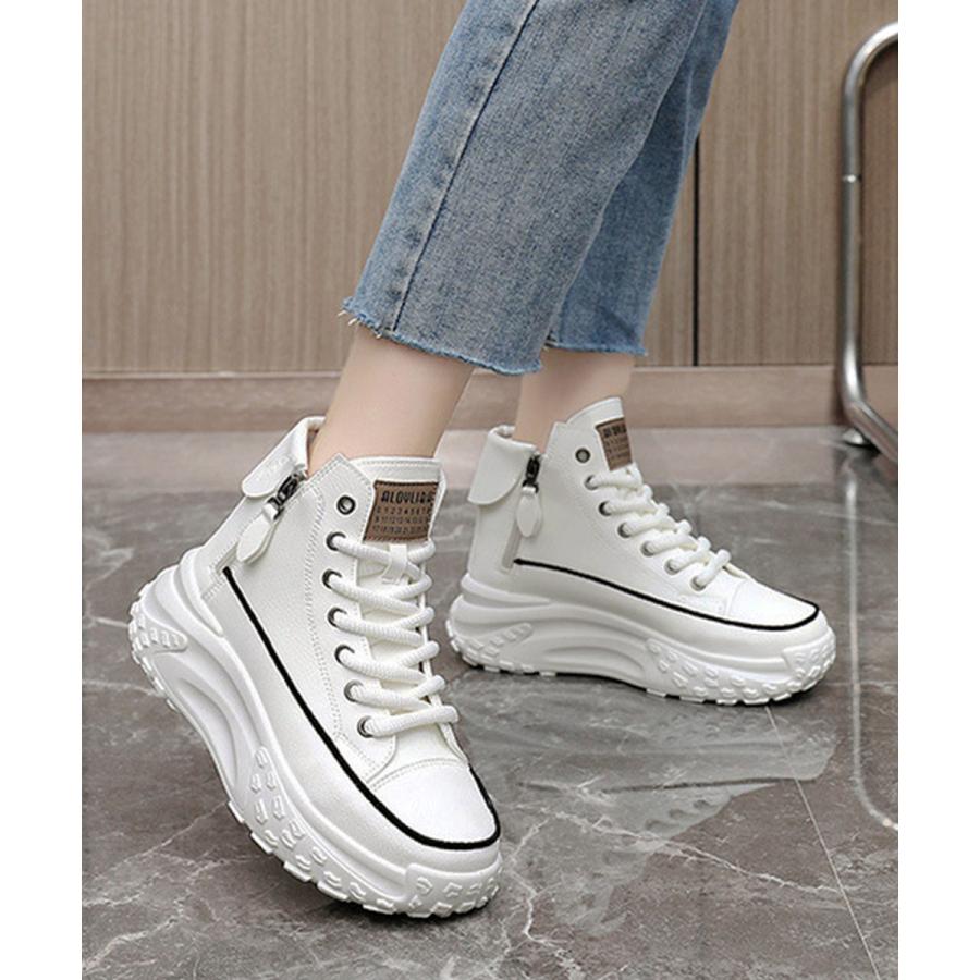 レディースハイカットスニーカー 厚底靴 おしゃれ 美脚効果 高品質 シンプル ブラック ホワイト ベージ..