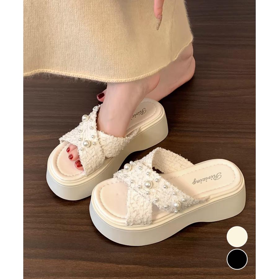 レディース厚底サンダル パールディテール 上品 大人かわいい 通勤用 スタイルアップ 歩きやすい
