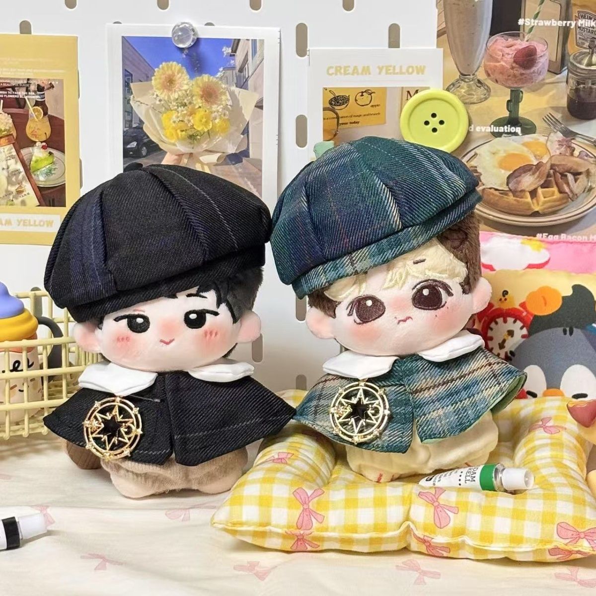 乐天商城 - ぬいぐるみ用 10cm-13cm カラフル チェック柄 ベレー帽 ポンチョマント ブローチ付き 推し活 ちびぬいぐるみ いつぬい にじぱぺっと 6色