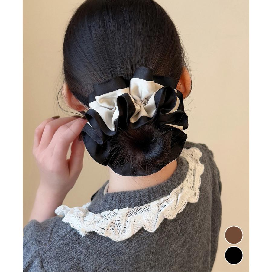 サテンシュシュ ヘアゴム バイカラー フリル付き かばん髪飾り 大人可愛い おしゃれ レディース プレゼント