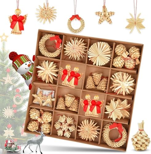 クリスマスツリー オーナメント ストロー 麦わら細工 56点セット 雪花 天使 装飾品 プレゼント ギフト ..