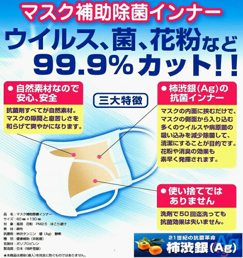 【5セットまとめ買い】国内生産　マスク用 補助除菌インナー 2枚入　柿渋銀　花粉症対策　コロナウイルス対策　マスクインナー　マスクフィルター　洗える 洗って50回使用可能 日本製　国産品 南信産業