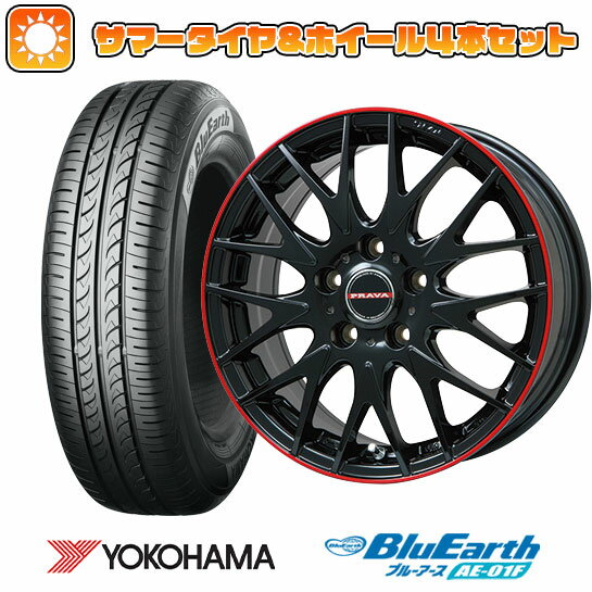 【取付対象】205/55R16 夏タイヤ ホイール4本セット YOKOHAMA ブルーアース AE-01F (5/114車用) ビッグウエイ LEYSEEN プラバ9MJrII グロスブラック/レッドリム 16インチ【送料無料】