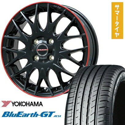 【取付対象】195/65R15 夏タイヤ ホイール4本セット (5/100車用) YOKOHAMA ブルーアース GT AE51 ビッグウエイ LEYSEEN プラバ9MJrII グロスブラック/レッドリム 15インチ【送料無料】