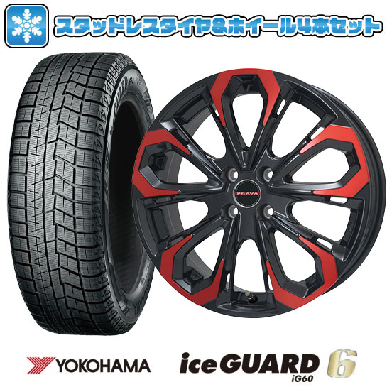 【取付対象】185/60R16 スタッドレスタイヤ ホイール4本セット YOKOHAMA アイスガード シックスIG60 (4/100車用) BIGWAY LEYSEEN プラバ5X(レッドクリア) 16インチ【送料無料】