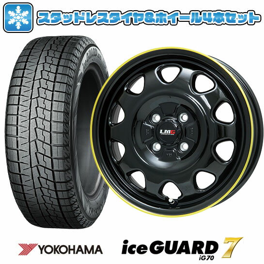 【取付対象】165/60R14 スタッドレスタイヤ ホイール4本セット エブリイワゴン YOKOHAMA アイスガード セブンIG70 レアマイスター LMG OFF-STYLE(グロスブラック/イエローリム) 14インチ【送料無料】
