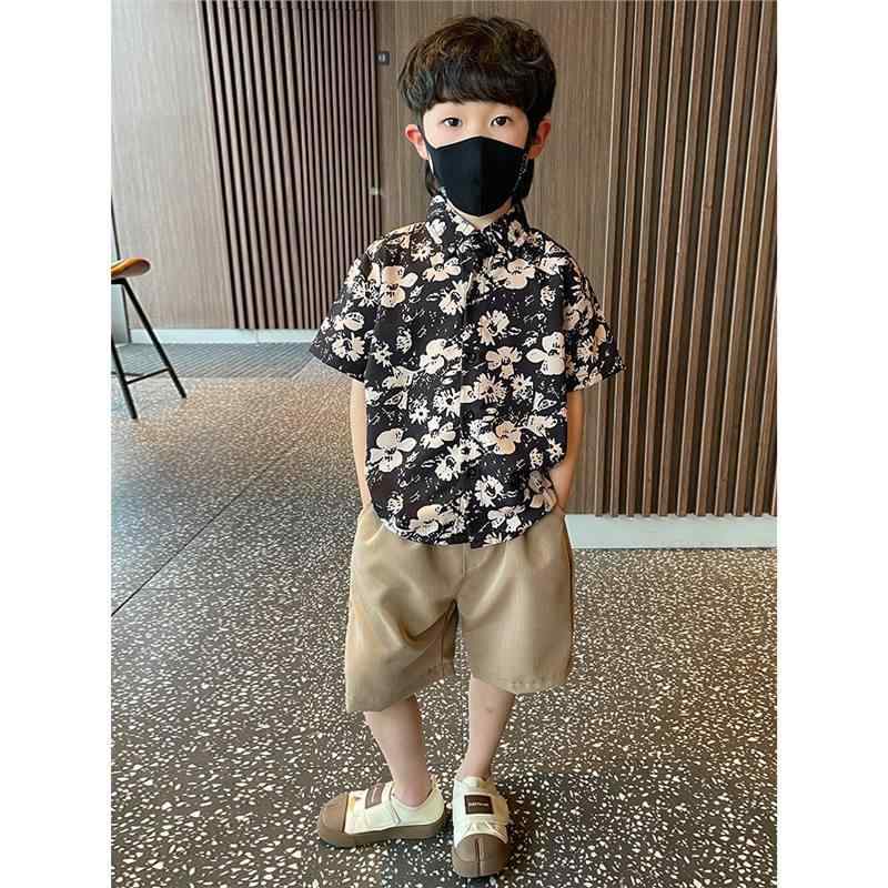 シャツ キッズ 男の子 半袖 幼児 子供服 夏服 トップス カッターシャツ 綿 黒 ブラック 花柄 ショート..