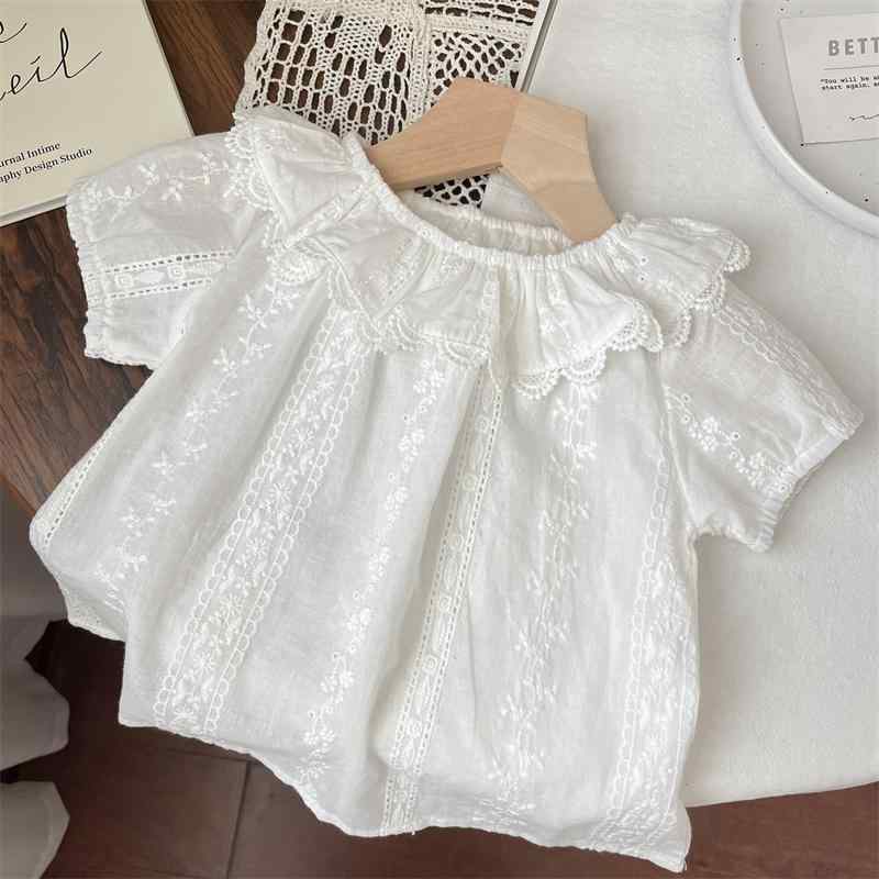 シャツ キッズ 女の子 夏物 半袖 90サイズ 100サイズ 白 レース 襟付き トップス 薄手 かわいい 普段着