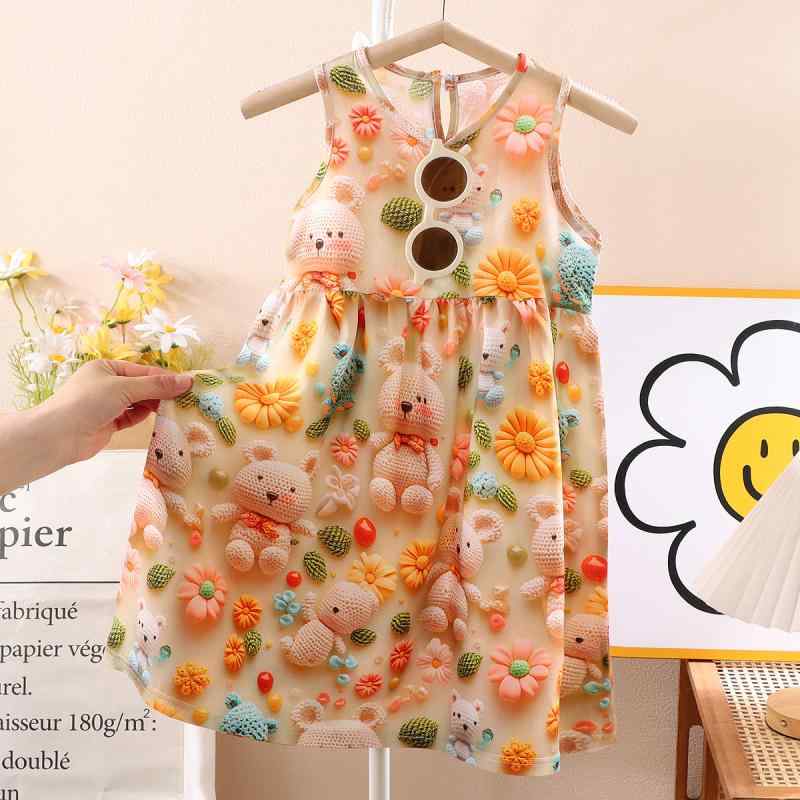 ワンピース ガールズ 吊りスカート キッズ ノースリーブ Aライン 3D 立体プリント 花柄 アニマル柄 再生繊維 薄手 春夏 80cm 90cm 100cm 110cm 120cm 130cm 140cm 150cm