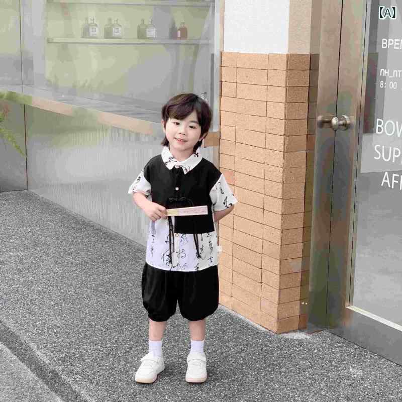 子供用セットアップ 薄手 夏服 上下セット 国風 男の子 女の子 半袖 短パン 普段着 部屋着 ポリエステル