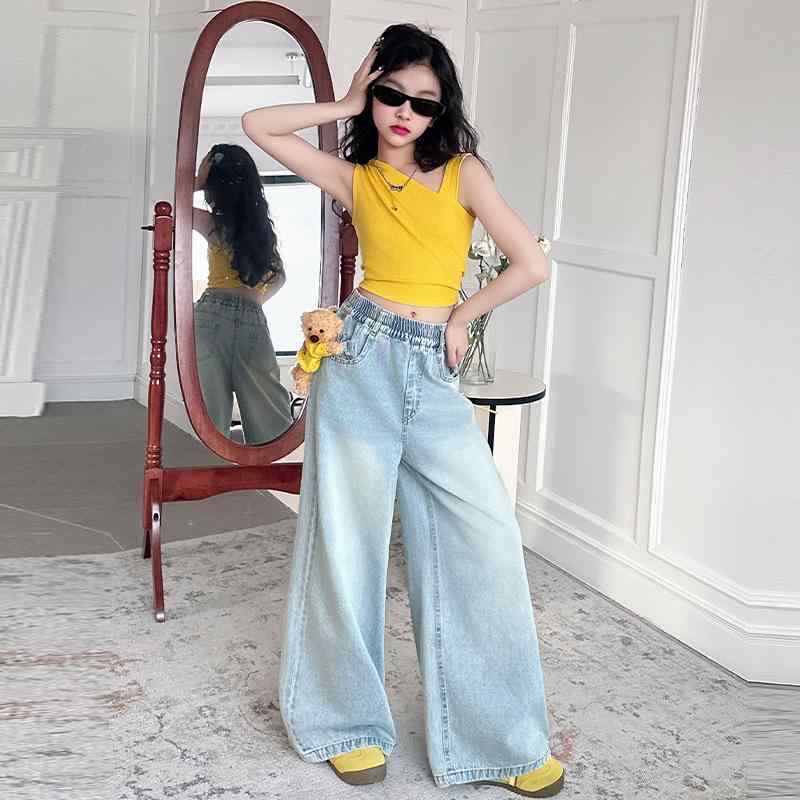 子供用ジーンズ ガールズ 女の子 ズボン パンツ 薄手 ゆったり ストレート 韓国 デニム 高学年 春夏 かわいい 小熊付き イエロー(x2)