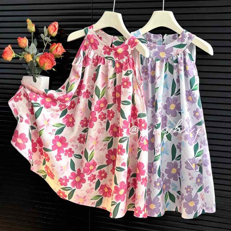 子供服 ワンピース 女の子 キッズ ノースリーブ 花柄 プリンセス 春夏 泡泡棉 吊りスカート レッド 紫 80cm 90cm 100cm 110cm 120cm 130cm 140cm 150cm かわいい ガールズ A類