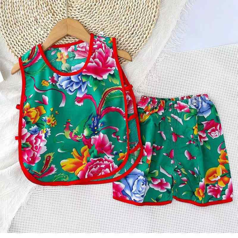 子供用セットアップ ベビー服 上下セット 2点セット 琵琶 人造綿 民族風 夏服 ノースリーブ 短パン 薄..