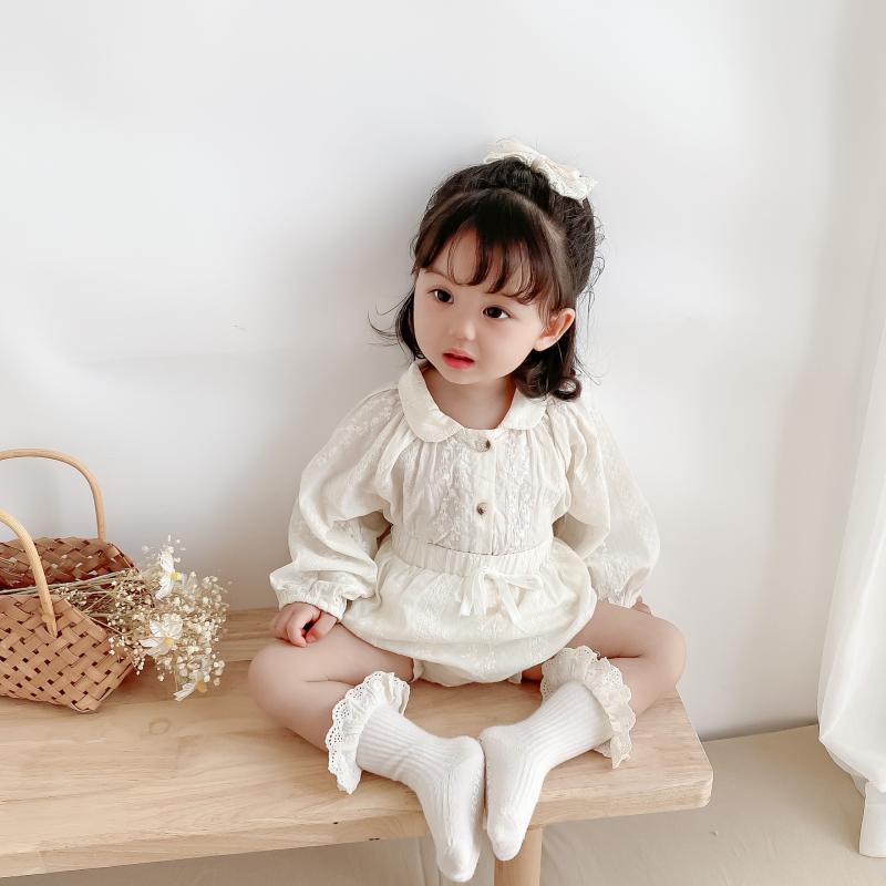 子供服 女の子 長袖シャツ ショートパンツ 2点セット レース 刺繍 スタンドカラー 春秋 薄手 コットン 100 かわいい ガールズ 上下セット