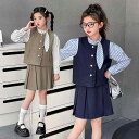 子供用セットアップ 春秋 長袖ストライプシャツとスカートの3点セット 女の子 カジュアル 普段使い 発表会 卒園式 入学式 紺色 ベージュ系 120cm 130...